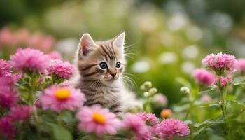 AI generated a kitten is sitting in a field of pink flowers photo