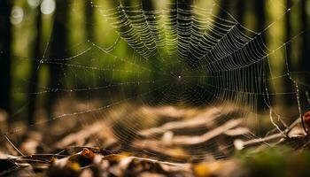 ai generado un araña web en el medio de un bosque foto