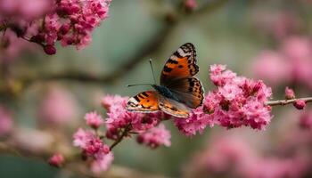 ai generado mariposa en rosado flores foto