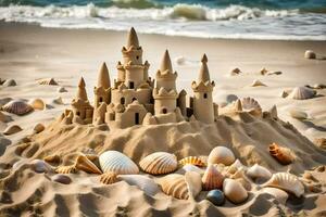 AI generated a sand castle is made out of shells and seashells photo