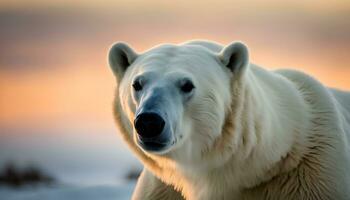 ai generado un polar oso es en pie en frente de un puesta de sol foto