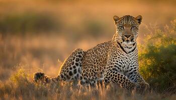 AI generated a leopard is sitting in the grass at sunset photo