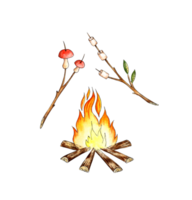 Watercolor illustration marshmallows are roasted on a fire, on a stick. Outdoor recreation, camping. For the design of design compositions on the theme of tourism, hiking, outdoor recreation. isolated png