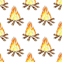 Watercolor illustration of campfire pattern. Orange and yellow flames. For the design of design compositions on the theme of tourism, hiking, outdoor recreation. isolated. Drawn by hand. png