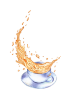 Watercolor illustration of a white cup with splashes of golden liquid similar to tea, juice, oil. Drawing of a yellow drink isolated. Compositions for posters, cards, banners, menus png