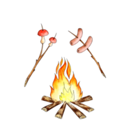 Watercolor illustrations of sausages and mushrooms are fried on a fire, on a stick. Outdoor recreation, camping. For the design of design compositions on the theme of tourism, hiking, outdoor png