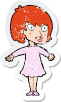 adesivo retrô angustiado de uma mulher de desenho animado usando vestido png