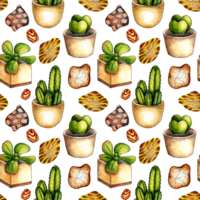 Watercolor illustration of a pattern of home flowers in pots and stones. It's perfect for postcards, posters, banners, invitations, greeting cards, prints. Isolated  Drawn by hand. png