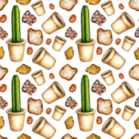 Watercolor illustration of a cactus pattern, pots and stones. It's perfect for postcards, posters, banners, invitations, greeting cards, prints. Isolated. Drawn by hand. png