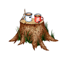 aquarelle illustration de des tasses avec thé supporter sur une souche. camping, arrêt sur une longue randonnée, déjeuner. pour le conception de conception compositions sur le thème de tourisme, randonnée, Extérieur des loisirs. isolé png