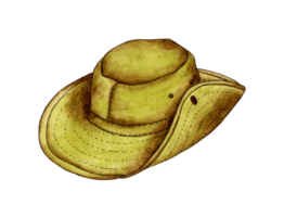 Watercolor illustration of a hat for outdoor activities and protection from the sun. For the design of design compositions on the theme of tourism, hiking, outdoor recreation. isolated. Drawn by hand. png