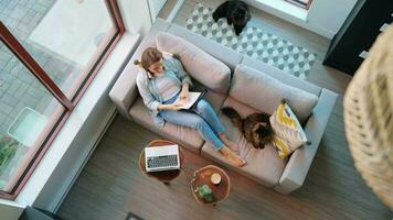 Overhead view of woman writing notes, lying on couch at home video