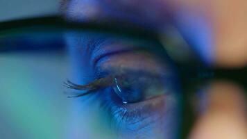 mujer en lentes mirando en el monitor y trabajando con datos y analítica. video