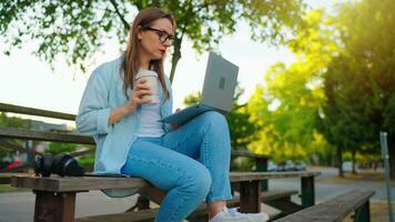 mulher sentado dentro a parque com computador portátil e café. lento movimento video