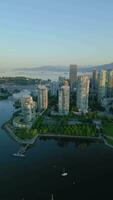 aereo Visualizza di il grattacieli nel centro di vancouver a alba, Canada video