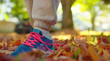 proche en haut de femme est attacher chaussure lacets et en cours d'exécution. lent mouvement. video