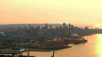 Aerial view of Port of Vancouver, downtown is on the background video