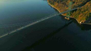 antenne visie van leeuwen poort brug en Stanley park Bij ochtendgloren. Canada video