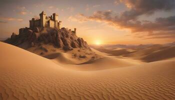 AI generated a castle in the desert at sunset photo