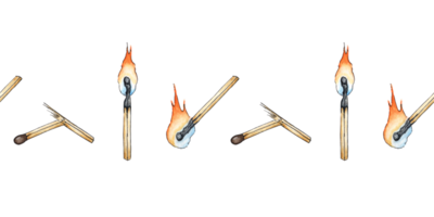 Watercolor illustration pattern matchstick horizontal. Get the flame. Light the fire. Burnt wooden stick. Hand drawn doodles. isolated . Drawn by hand. png