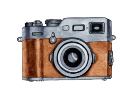 Watercolor illustration of a brown retro photo camera. Ideal for photography logo. Isolate. Drawn by hand. png