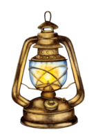 Watercolor illustration kerosene vintage lamp with flame. Cozy glass lantern element for autumn decor, scrapbook, postcards. Isolated . Drawn by hand. png