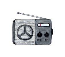 Watercolor illustration of a small portable radio. Signal transmission at a distance. Music on the go. Music logo. Isolated. Drawn by hand. png