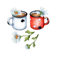 Watercolor illustration of two enamel mugs with tea and chamomile flowers. Setting up camp, stopping on a long hike, lunch in nature. Isolated. To create design compositions png