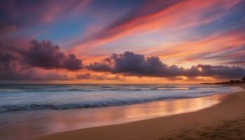 ai generado un hermosa puesta de sol terminado el Oceano y playa foto