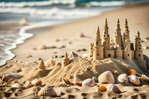 ai generado un arena castillo en el playa con conchas foto