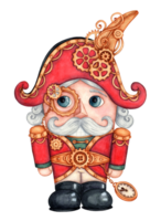 Watercolor illustration of a Christmas nutcracker toy in steampunk style. A figurine of a man with a large head and a smiling face cracking nuts. Isolated composition for posters, cards, banners, png