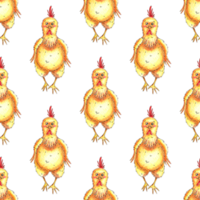 Pattern Yellow funny chicken is drawn with colored pencils. It's perfect for postcards, posters, banners, invitations, greeting cards, prints. Isolated. Drawn by hand. png