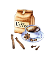 Watercolor illustration of a white cup with coffee, craft bag, cinnamon sticks, anise, cloves. Cafe logo isolated. Compositions for posters, cards, banners, flyers, png