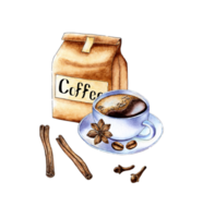 acquerello illustrazione di un' bianca tazza con caffè, mestiere Borsa, cannella bastoni, anice, Chiodi di garofano. bar logo isolato. composizioni per manifesti, carte, striscioni, volantini, png