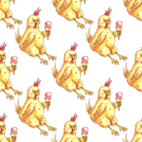 Pattern yellow funny chick eats ice cream drawn with colored pencils. It's perfect for postcards, posters, banners, invitations, greeting cards, prints. Isolated . Drawn by hand. png