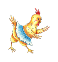 A yellow funny chicken in a skirt is drawn with colored pencils. It's perfect for postcards, posters, banners, invitations, greeting cards, prints. Isolated. Drawn by hand. png