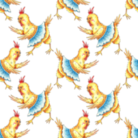The pattern yellow funny chicken in a skirt is drawn with colored pencils. It's perfect for postcards, posters, banners, invitations, greeting cards, prints. Isolated . Drawn by hand. png