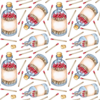 Watercolor illustration pattern of glass bottles with handmade matches. Get the flame. Light the fire. Burnt wooden stick. Hand drawn doodles. Isolated. Drawn by hand. png