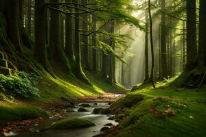 a stream runs through a green forest with trees. AI-Generated photo