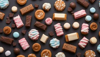 ai generado muchos diferente tipos de galletas y caramelo en un negro antecedentes foto