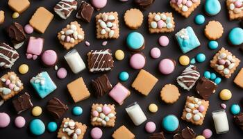 ai generado varios tipos de galletas y caramelo en un negro antecedentes foto