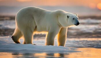 ai generado un polar oso es caminando en el hielo a puesta de sol foto