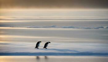 AI generated two penguins walking across the ice in the sun photo