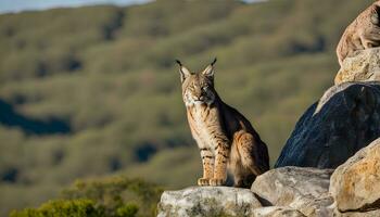 AI generated two lynx cats sitting on top of a rock photo
