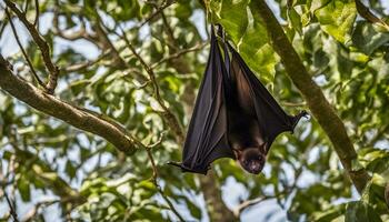 ai generado un murciélago colgando al revés abajo desde un árbol rama foto