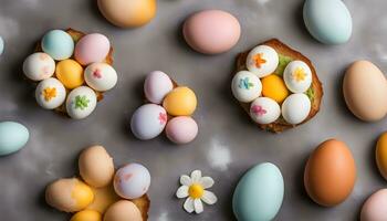 AI generated a variety of colorful eggs are arranged on a table photo