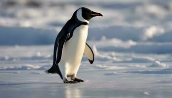 ai generado un pingüino en pie en el nieve cubierto suelo foto