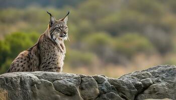 AI generated a lynx is sitting on a rock in the woods photo