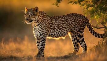 ai generado un leopardo soportes en el césped a puesta de sol foto