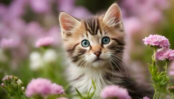 ai generado un gatito en un campo de rosado flores foto